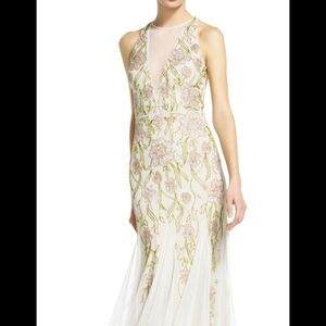 New Adrianna Papell Ivory and Pink And Green Beaded Embroidered Maxi Dress Sz 10